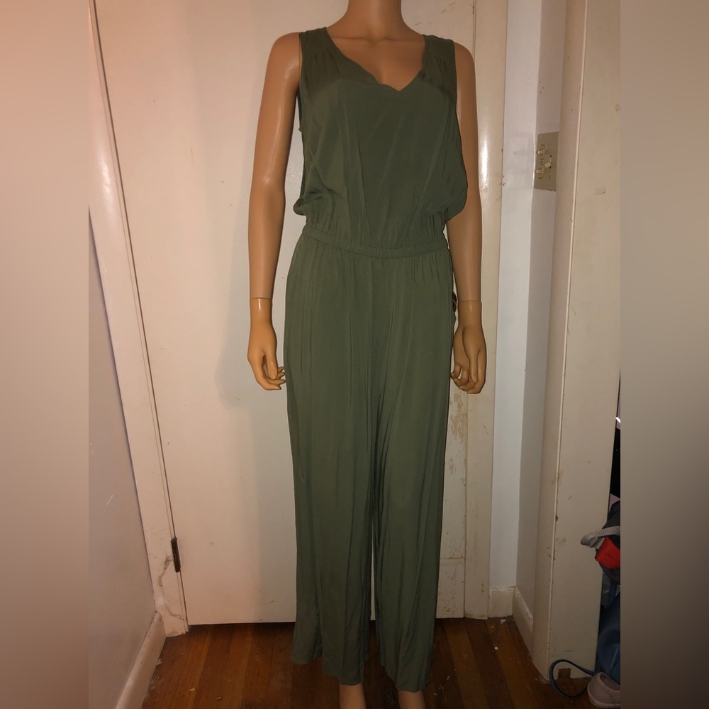Army green elastic waistband jumpsuit